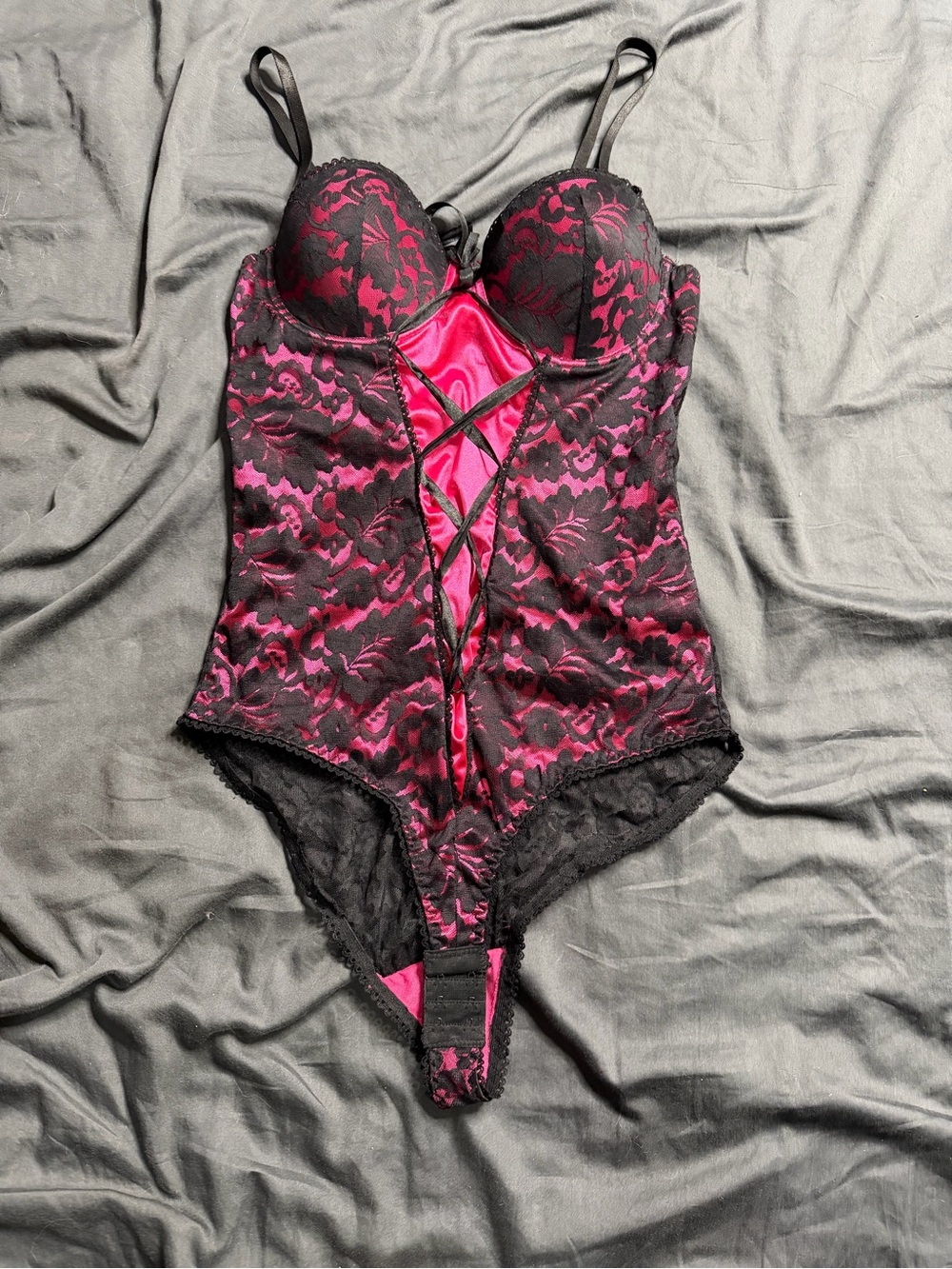 Black & Fuchsia Lace Bandeau Bodysuit with Crisscross Detail